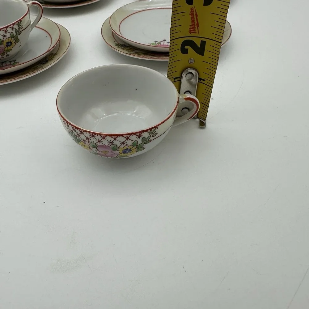 Vintage China Floral Demitasse Cup & Saucer 5 Sets Mini Red Trim Childs Tea Size